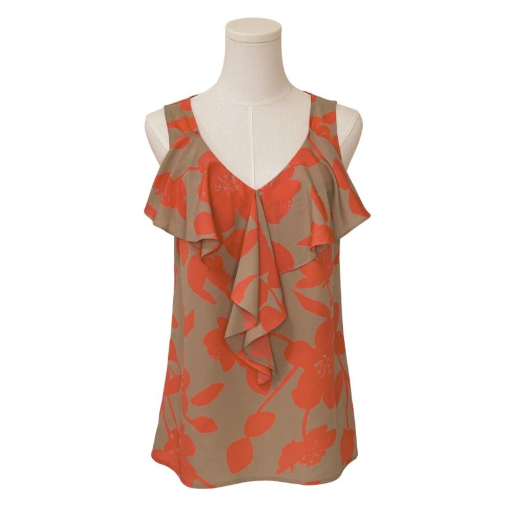 LOFT Womens Top S Tan & Coral Floral Ruffle Front Sleeveless Blouse Back Tie